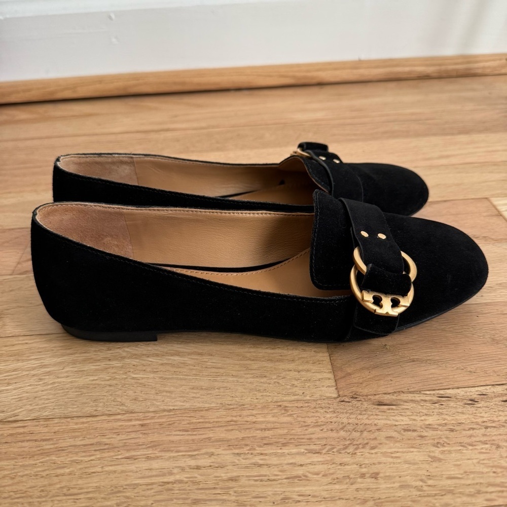 Tory Burch Marsden Black Suede Flats with Gold Logo Buckle Size 7 - Picture 3 of 7